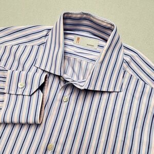 Missoni Mens‎ Striped Button Down Shirt Blue Peach White Cotton Italy 16.5 42 L